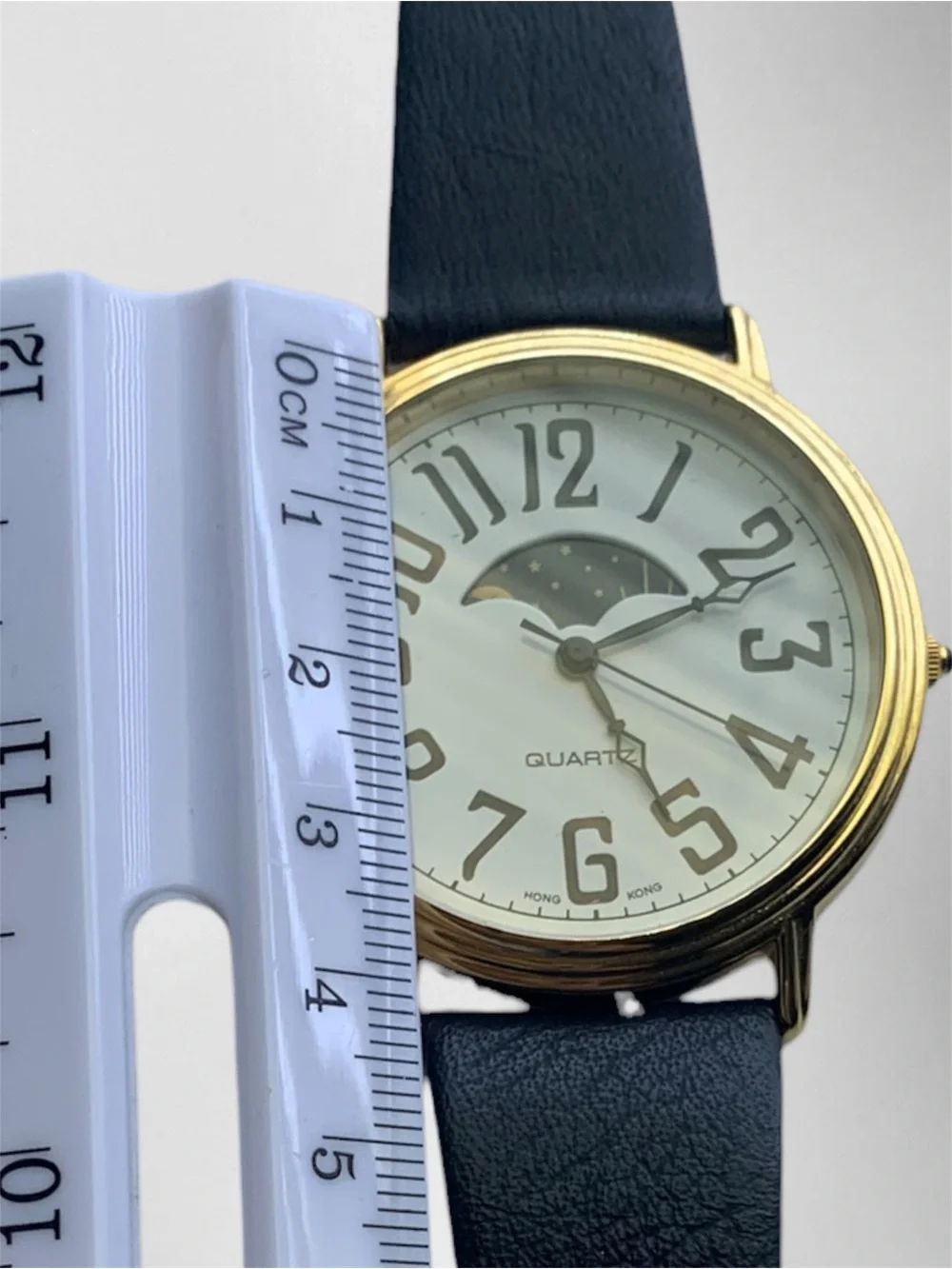 Classic Black Leather Gold-Tone Quartz Watch with Moonphase Dial, Unisex